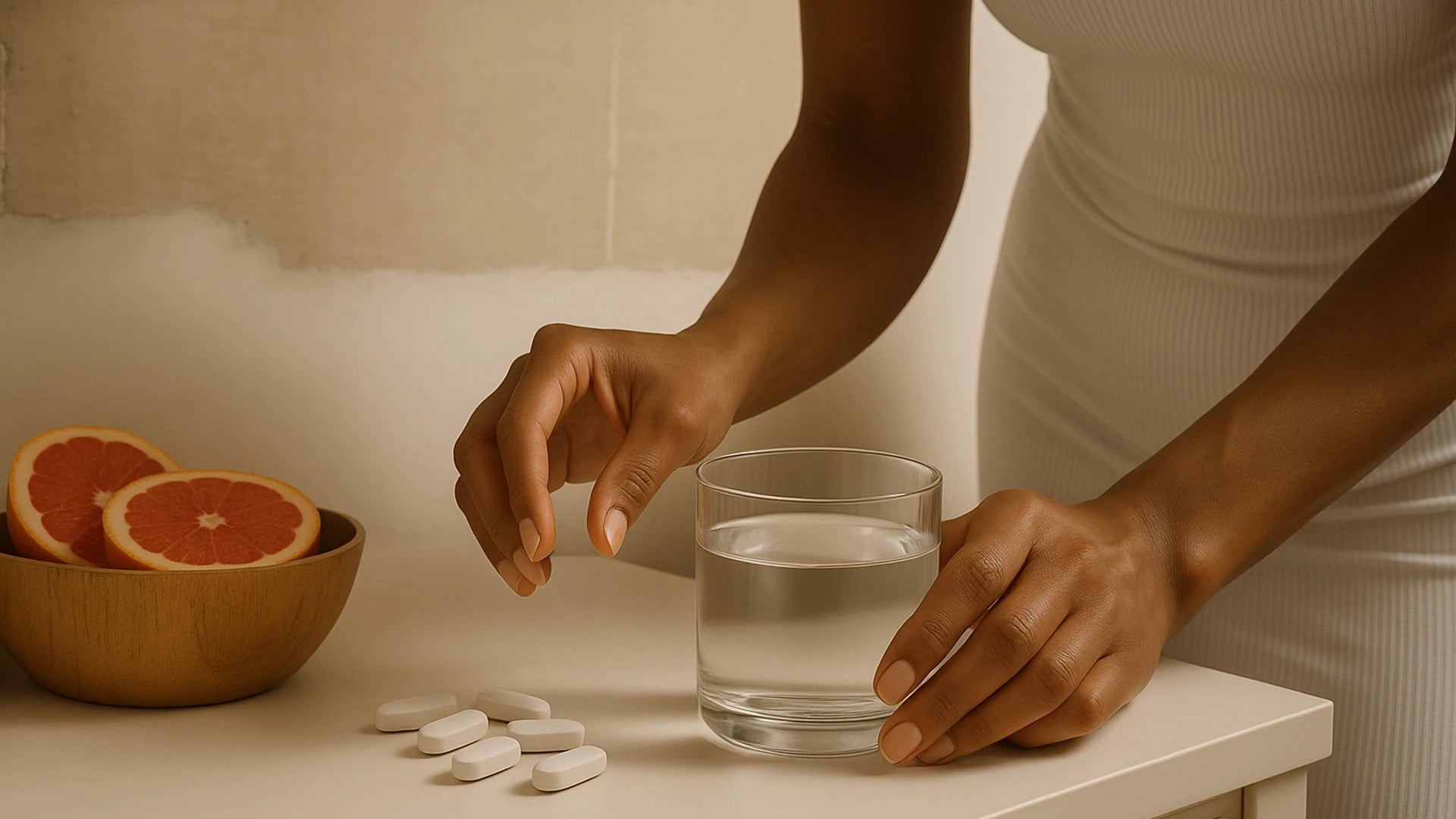A working woman at her desk practicing effective stress management techniques with a calm expression. 